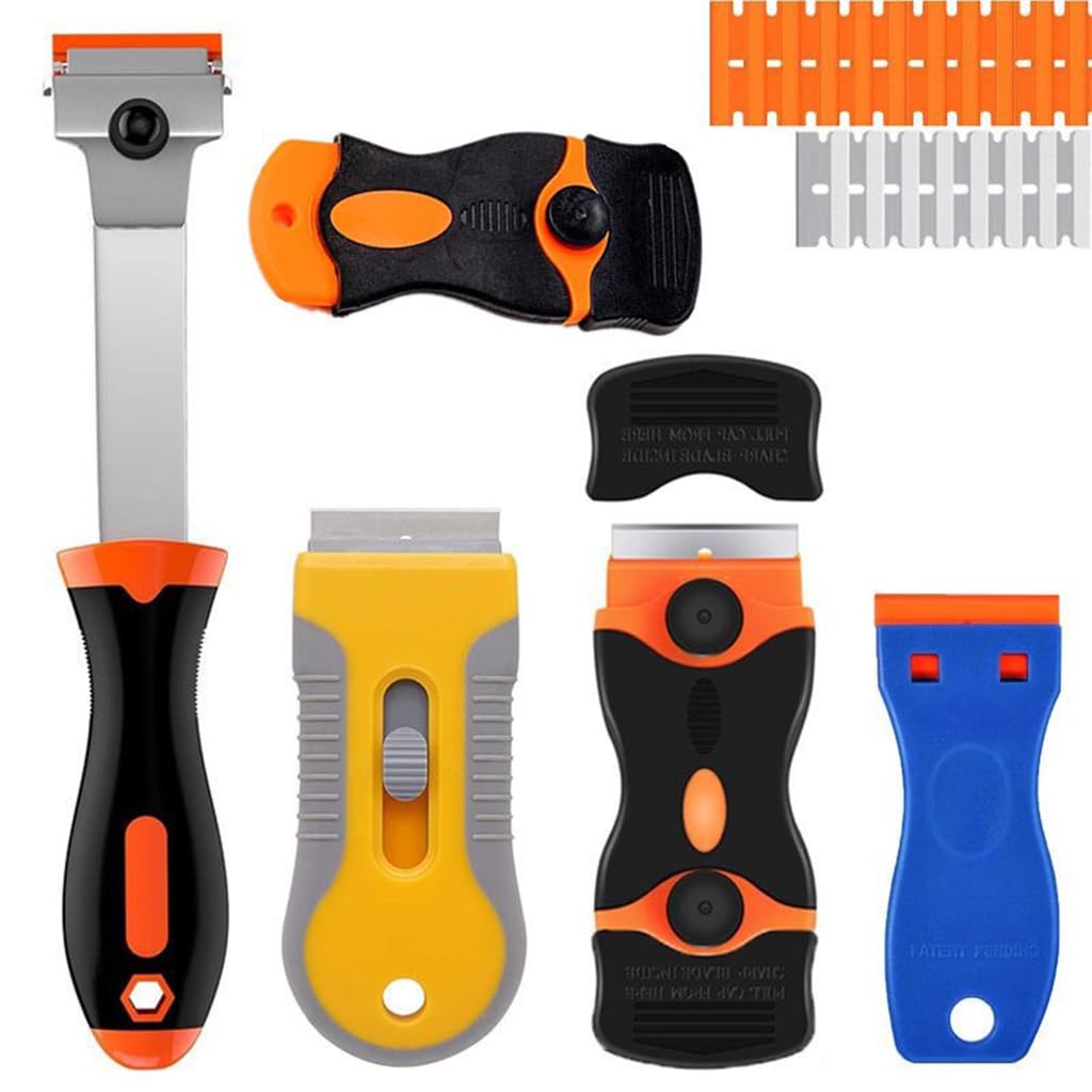 Serplex Razor Scraper Glue Remove Tool Set of 5 Razor Scraper Tool with 10 Plastic and 10 Metal Razor Blades Extendable Scraper Tool for Removing Stickers, Labels on Wall, Glass, Tiles Serplex Razor Scraper Glue Remove Tool Set of 5 Razor Scraper Tool with 10 Plastic and 10 Metal Razor Blades Extendable Scraper Tool for Removing Stickers, Labels on Wall, Glass, Tiles